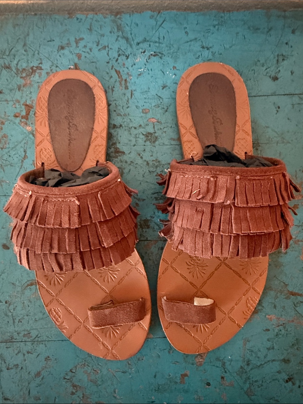 Tommy Bahama Brown Fringe Layered Toe-Ring Slide Sandals